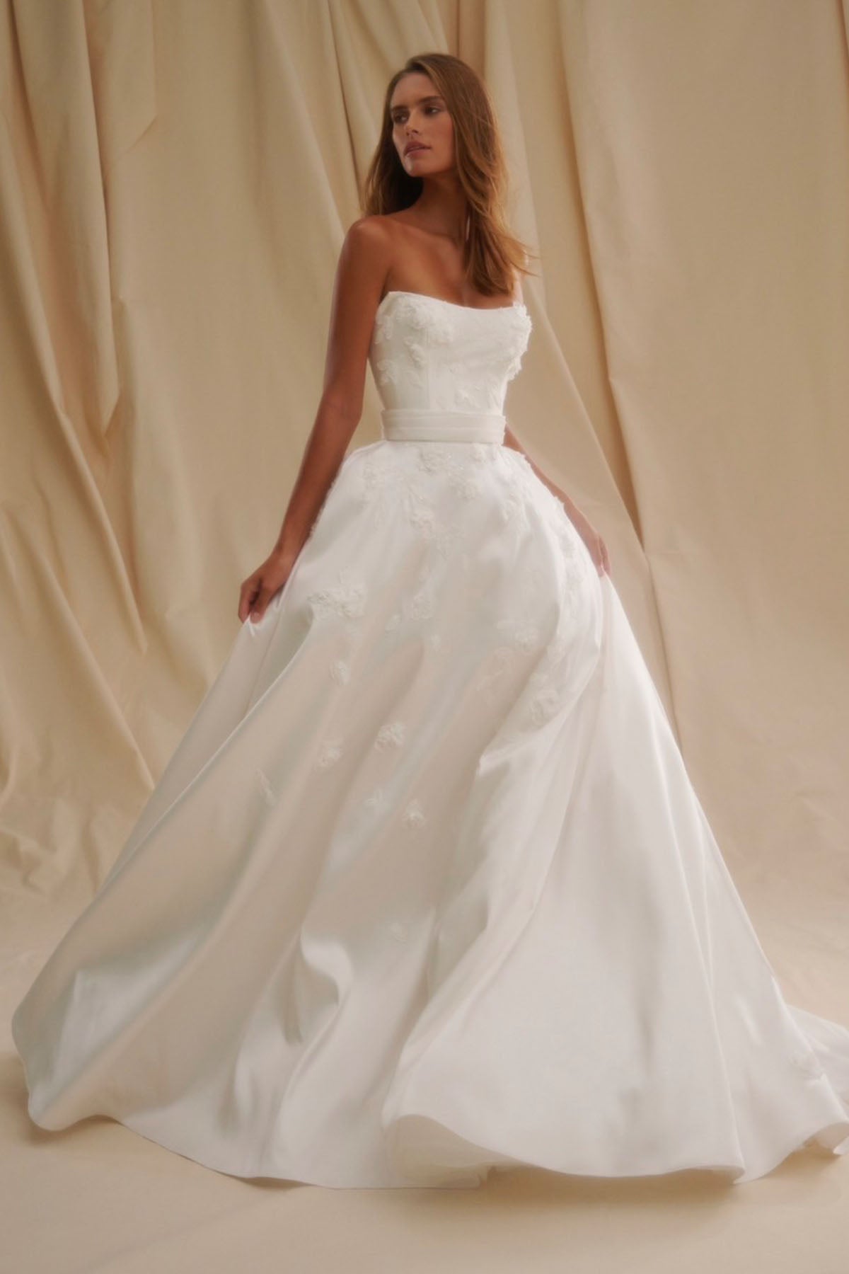 Strapless Mikado Gown with Lace Appliqués