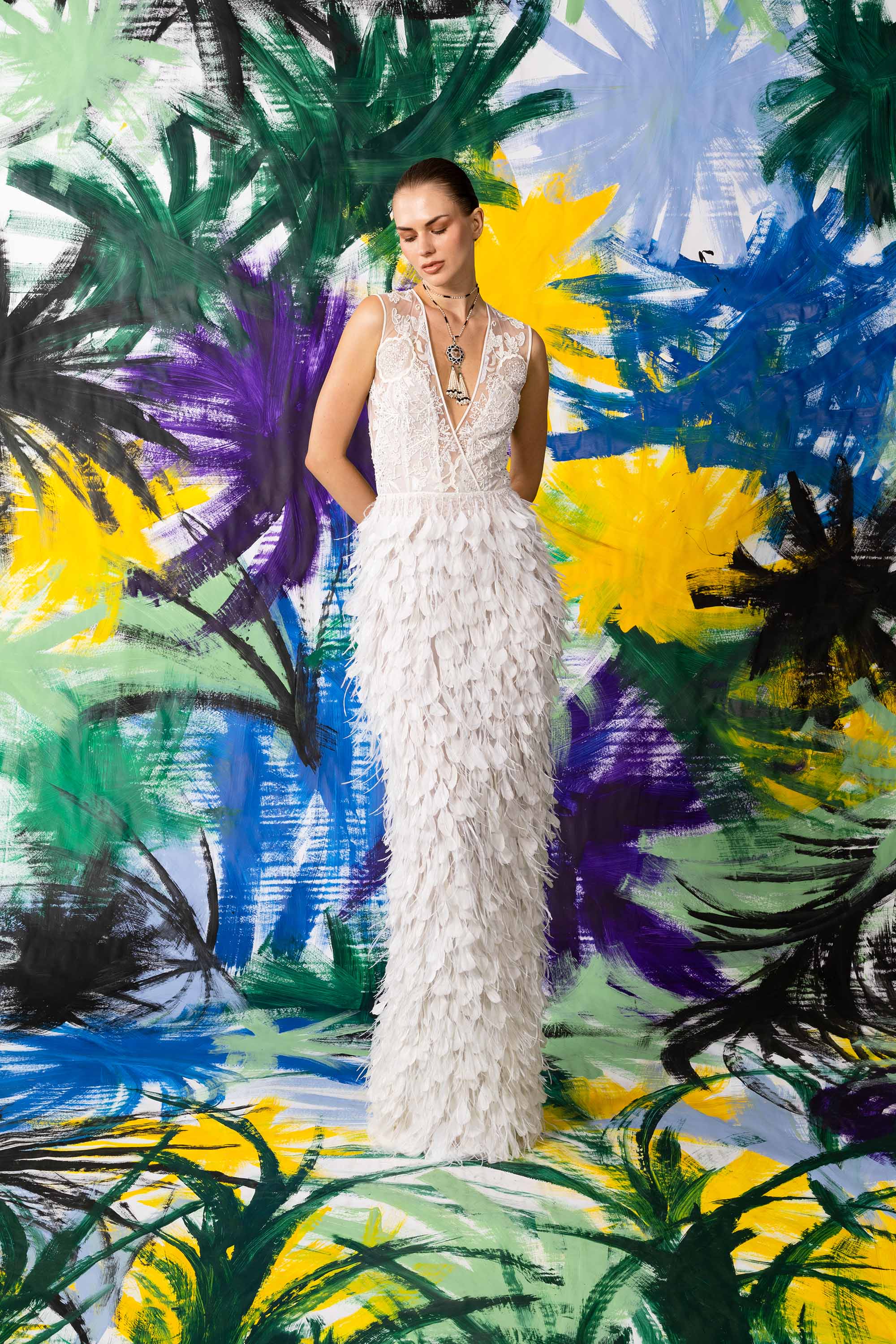 Feather V Neck Column Gown